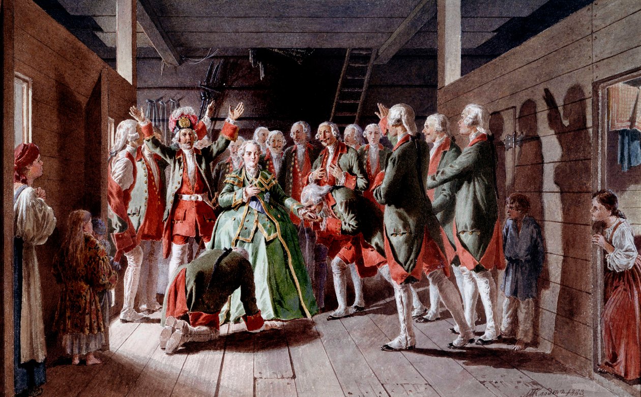 De Russische keizerin Elisabeth Iere Petrovna (1709-1762) op de dag van haar feest en haar toekomst op de keizerlijke troon, soldaten zweren haar trouw. door Baron Mikhail Petrovich Klodt von Jurgensburg