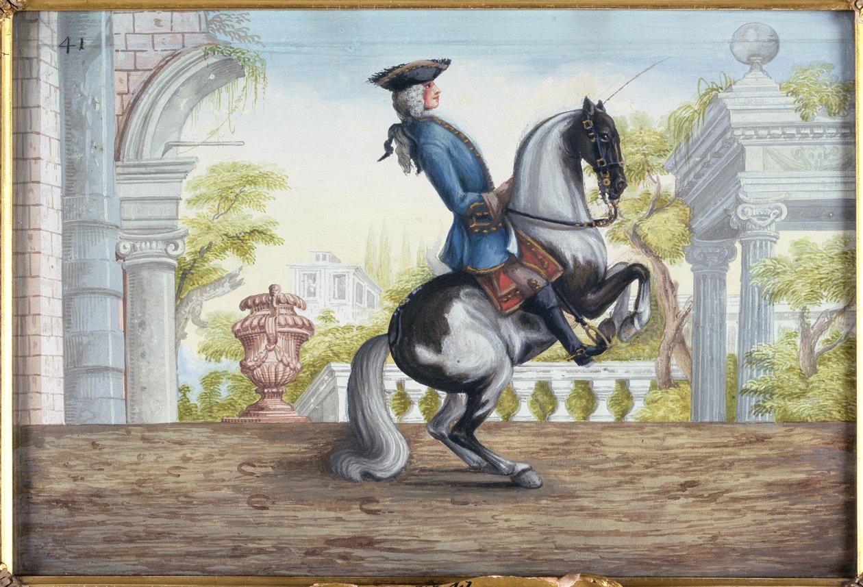 Nr. 41 Een bont paard van de Spaanse Rijschool die de Pesade uitvoert door Baron Reis Eisenberg