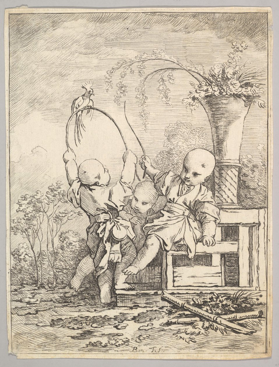 Chinese kinderen spelen met een papegaai, 1760-70 door Baron de Thiers Louis Antoine Crozat