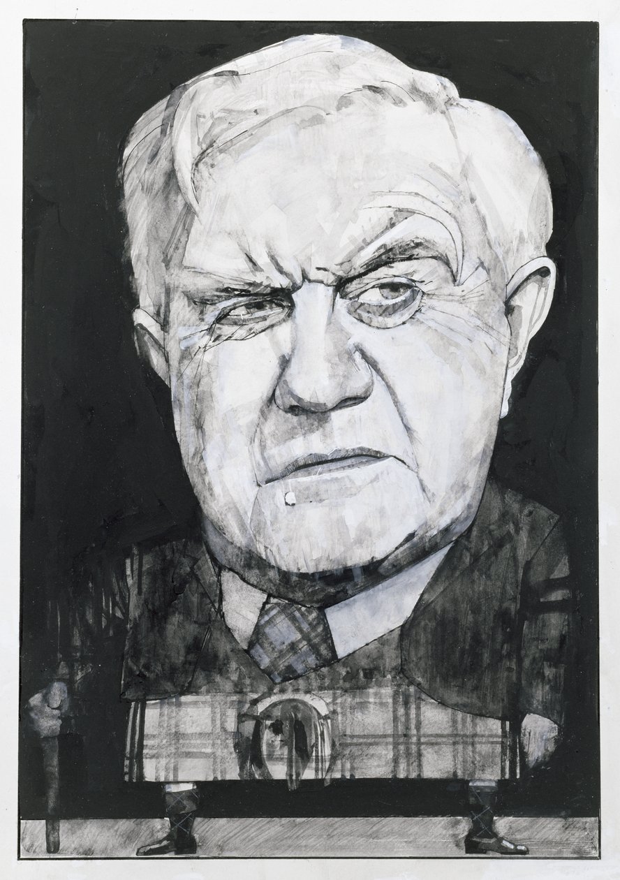Portret van Andrew Cruickshank, illustratie voor The Sunday Times door Barry Fantoni