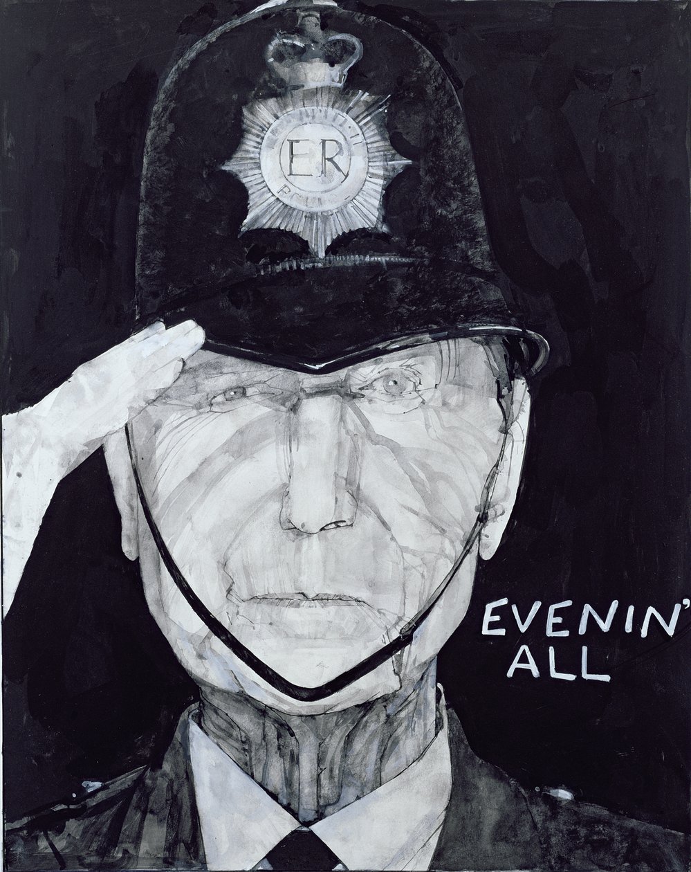 Portret van Jack Warner als Dixon of Dock Green, illustratie voor The Listener, 1970s door Barry Fantoni
