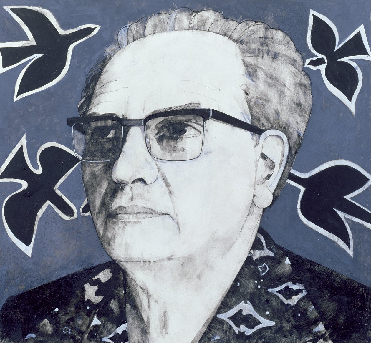 Portret van Olivier Messiaen, illustratie voor The Sunday Times, 1970s door Barry Fantoni