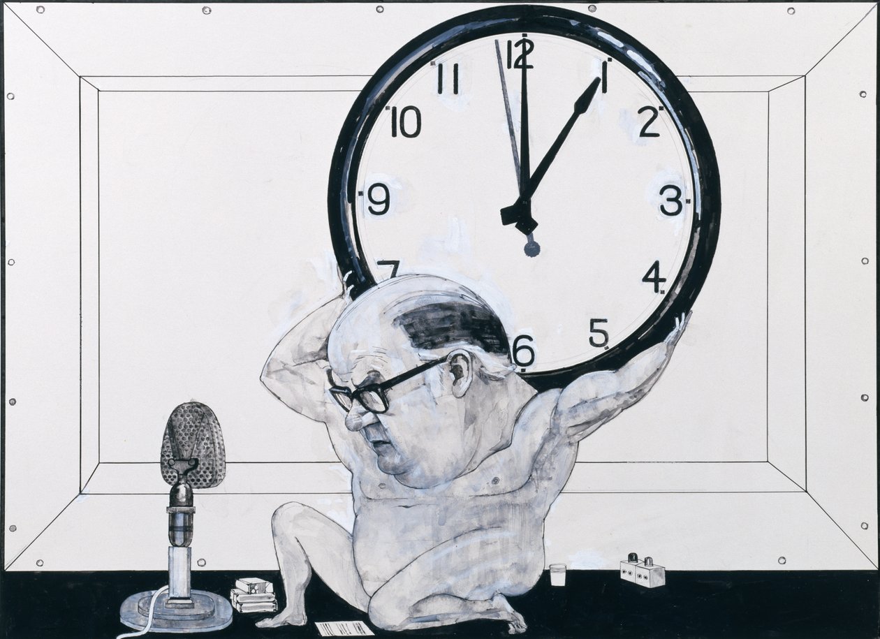 Portret van William Hardcastle, illustratie voor The Radio Times, 1970s door Barry Fantoni