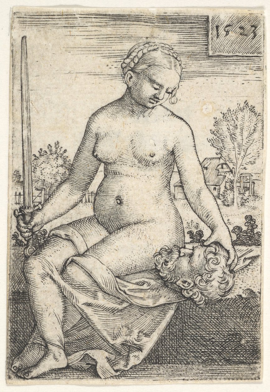 Judith, zittende naakt met een zwaard in haar rechterhand, kijkend naar het hoofd van Holofernes, 1523 door Barthel Beham