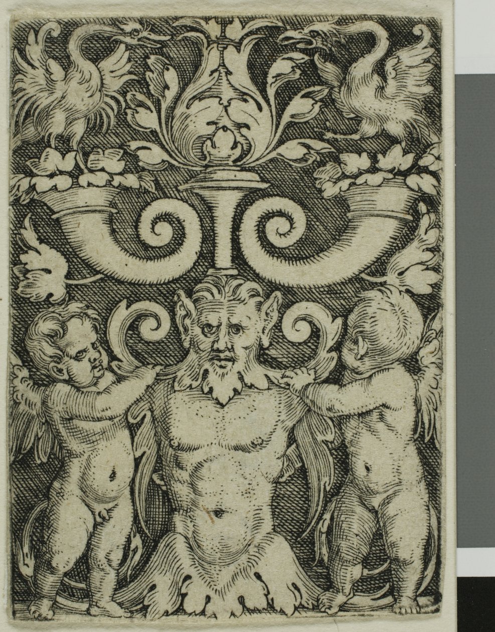 Ornament met een mannelijke half-lengte tussen twee genii door Barthel Beham
