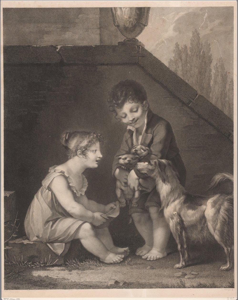 Twee kinderen met honden door Barthélémy Joseph Fulcran Roger