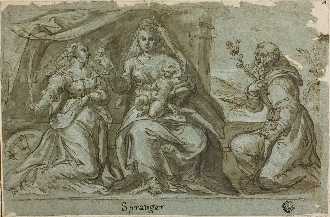 Madonna en Kind met de Heiligen Catharina en Dominicus door Bartholomaeus Spranger