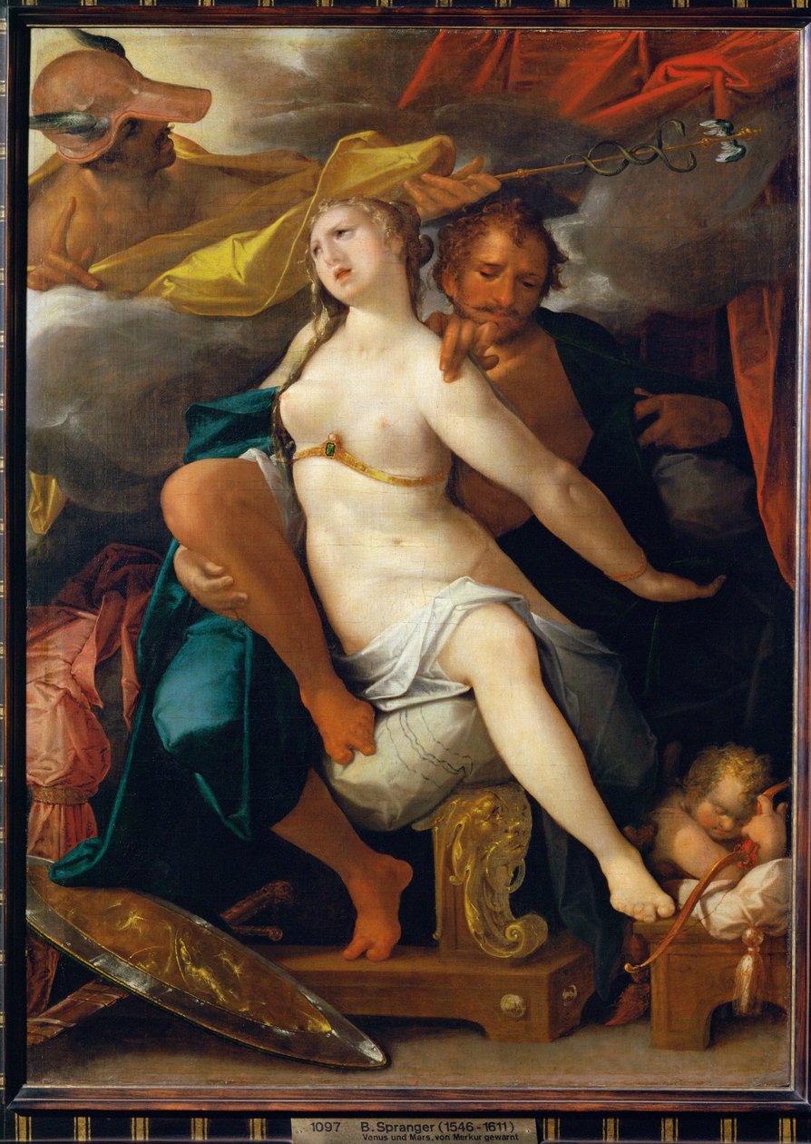 Venus en Mars, gewaarschuwd door Mercurius door Bartholomaeus Spranger