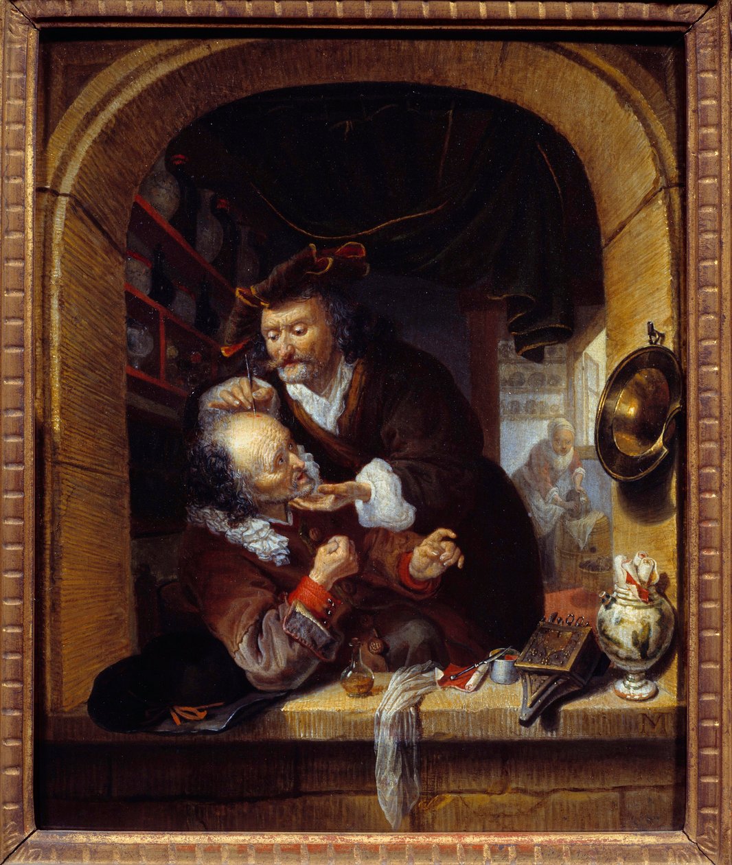 Geneeskunde: een dokter voert een aderlating uit om de hoofdpijn van zijn patiënt te behandelen door Bartholomaus Maton