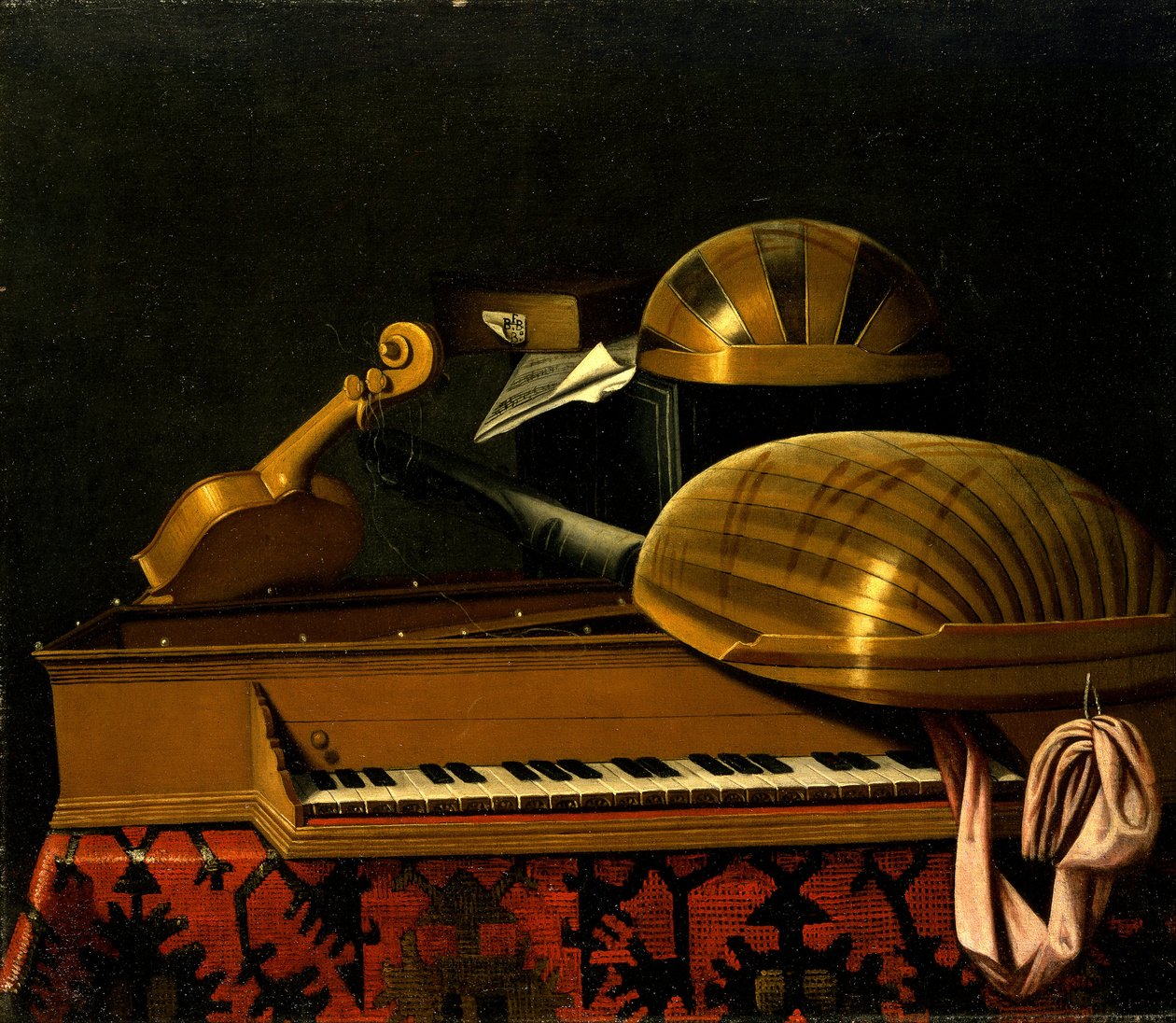 Stilleven met muziekinstrumenten en boeken door Bartholomeo Bettera