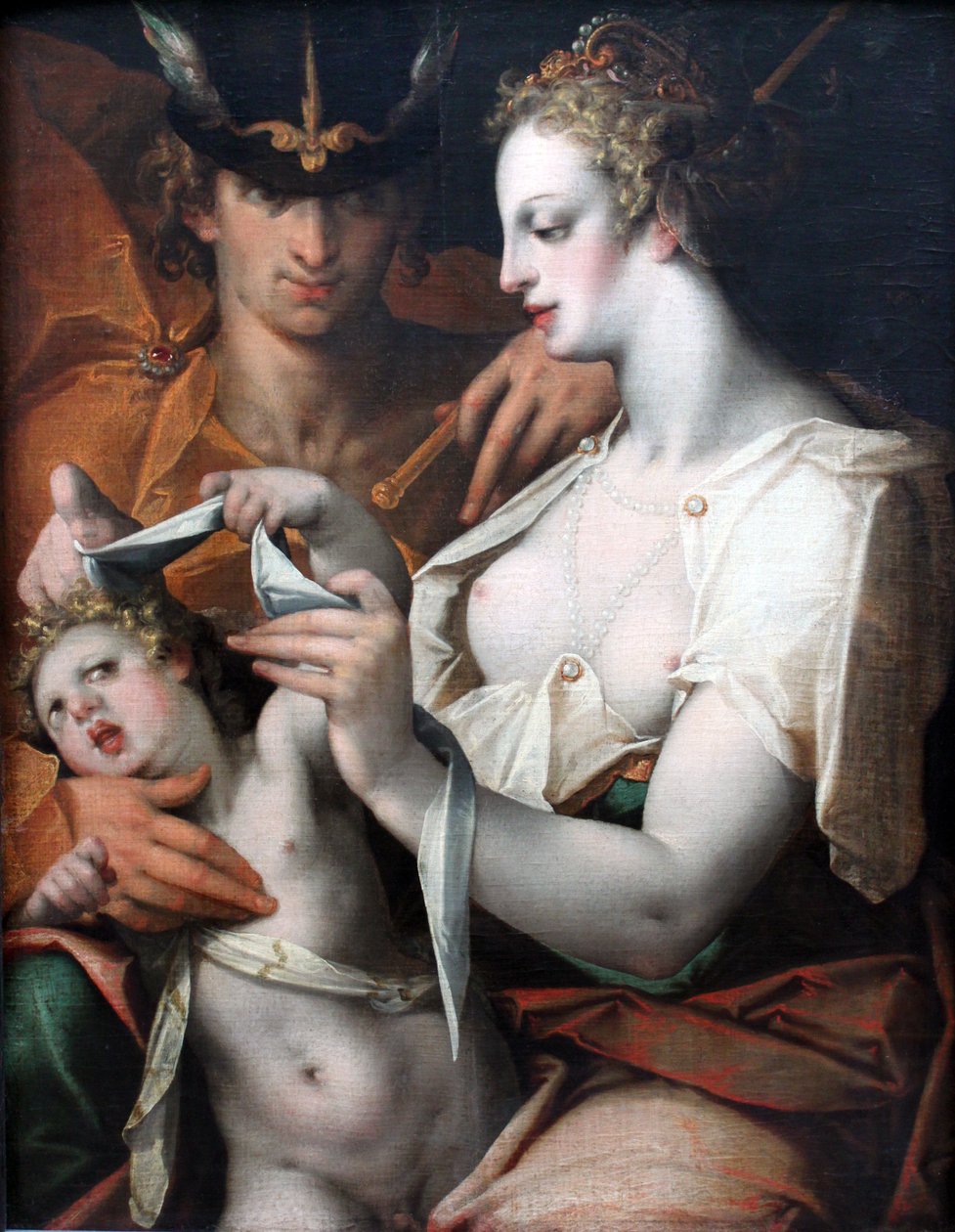 Venus en Mercurius verbinden Amor de ogen door Bartholomaeus Spranger