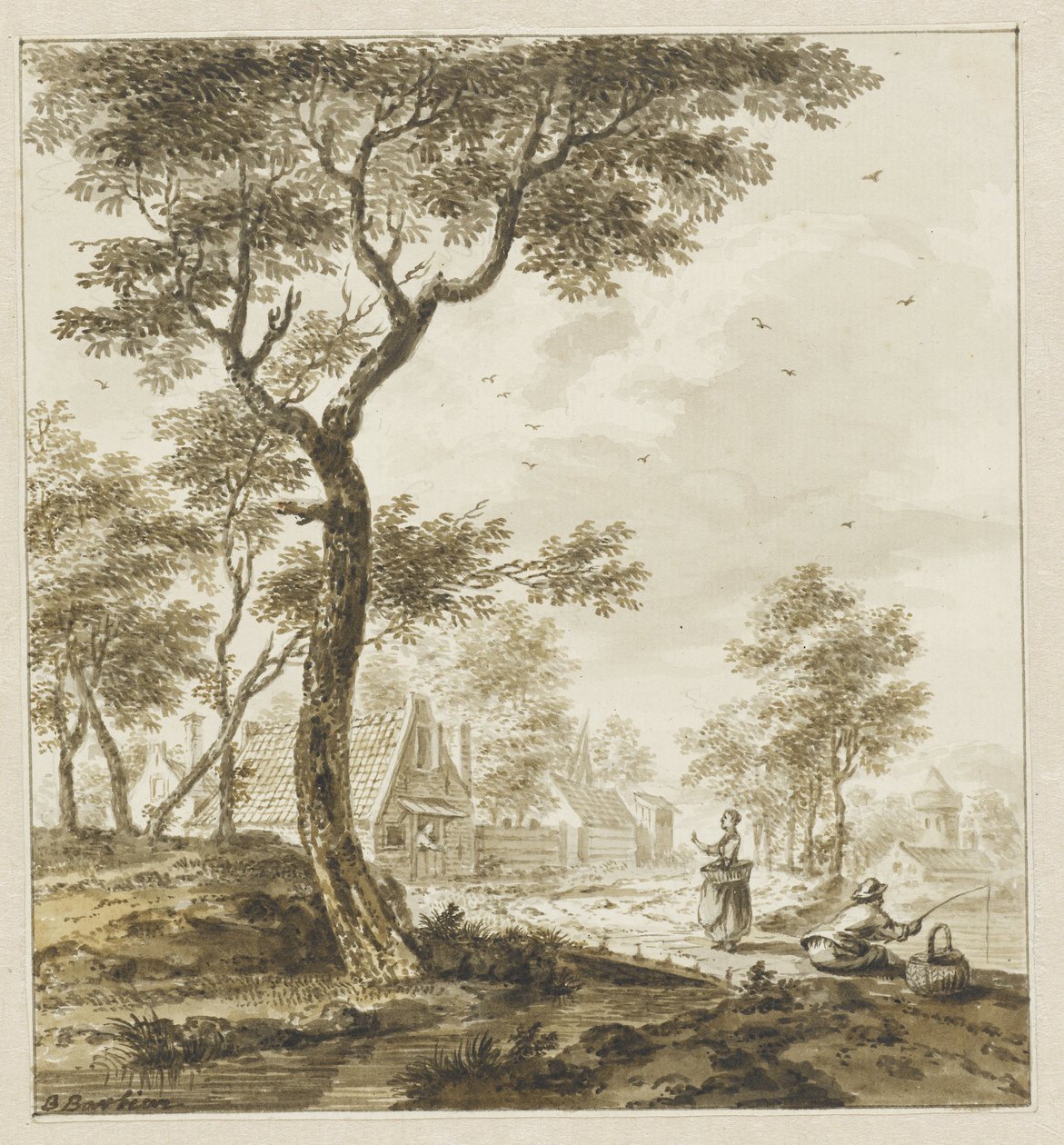 Landschap met figuren en rechts een hengelaar door Bartholomeus Barbiers