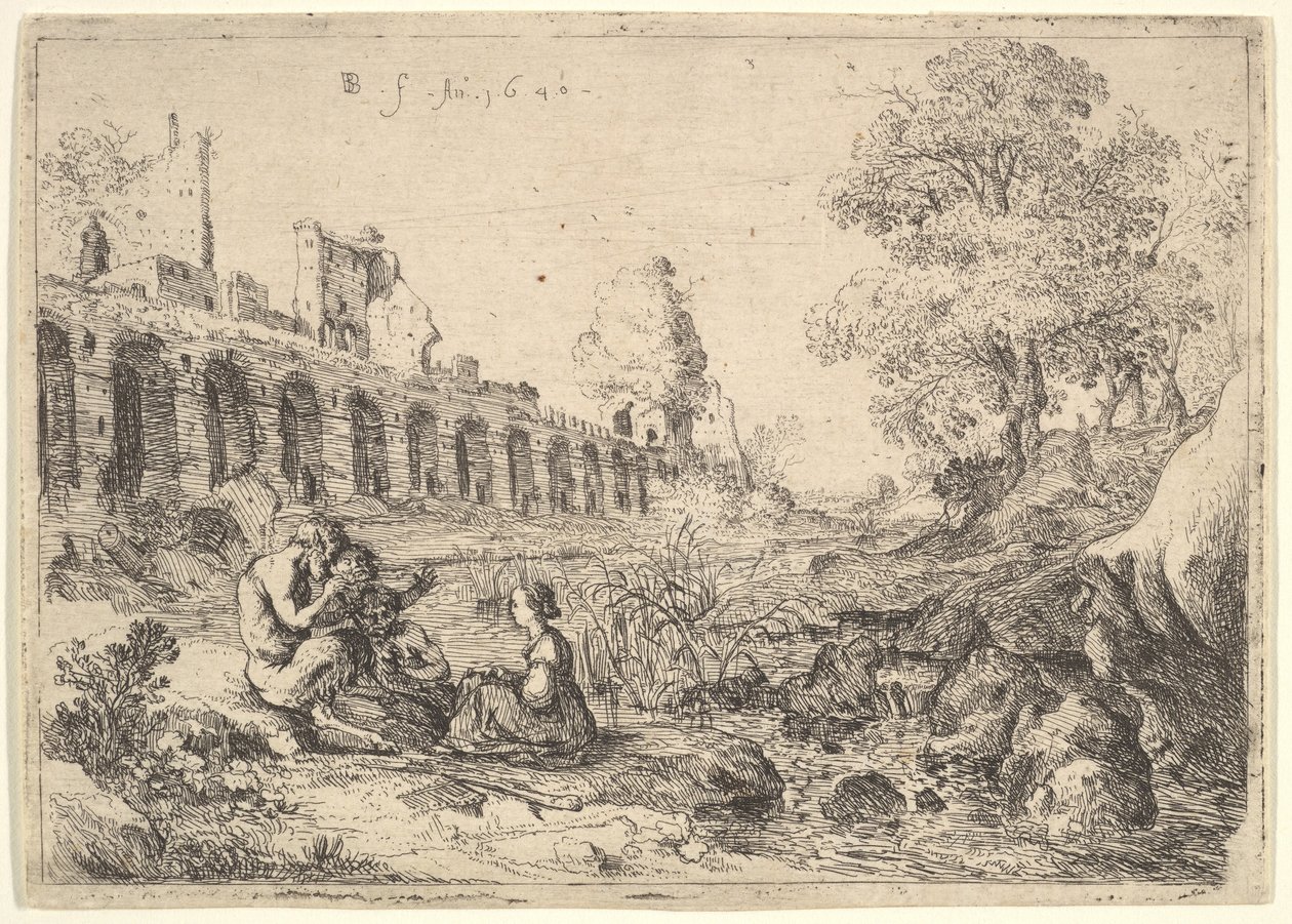 Corsica zittend voor saters aan de oever van een rivier, uit een paar platen voor Battista Gu..., 1640 door Bartholomeus Breenbergh