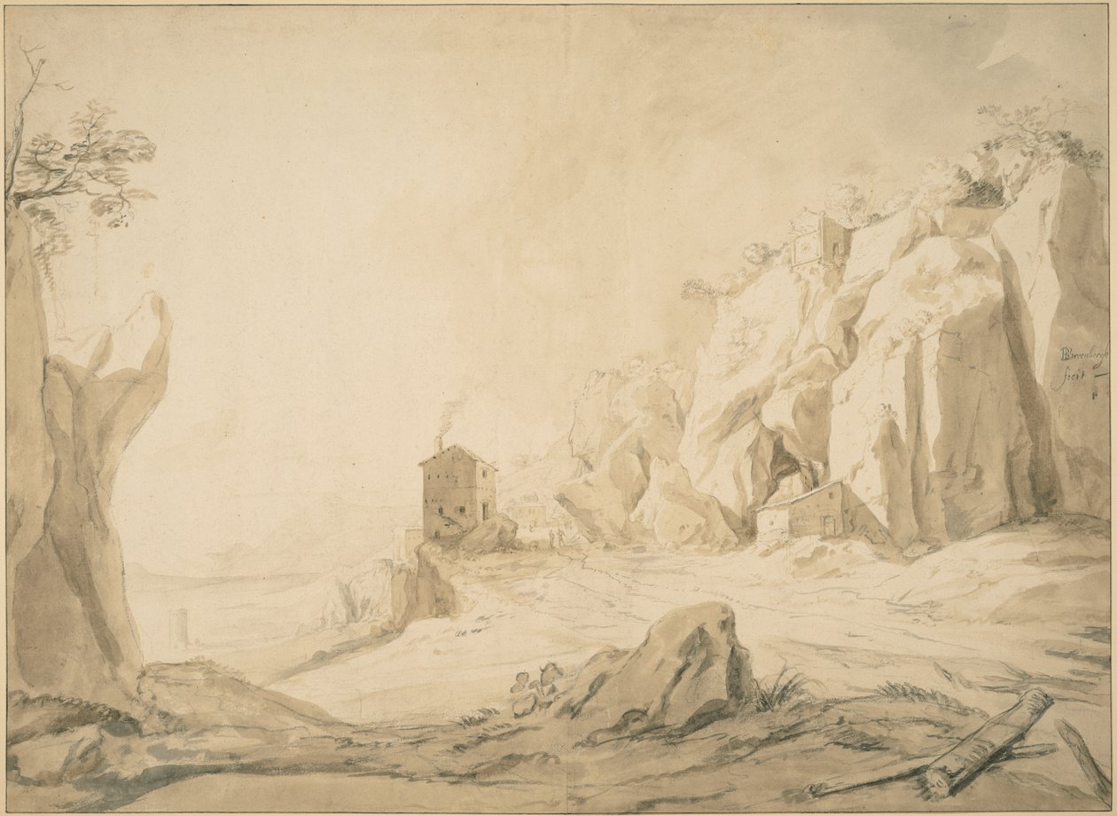 Landschap met een weg onder kliffen bij Bracciano door Bartholomeus Breenbergh