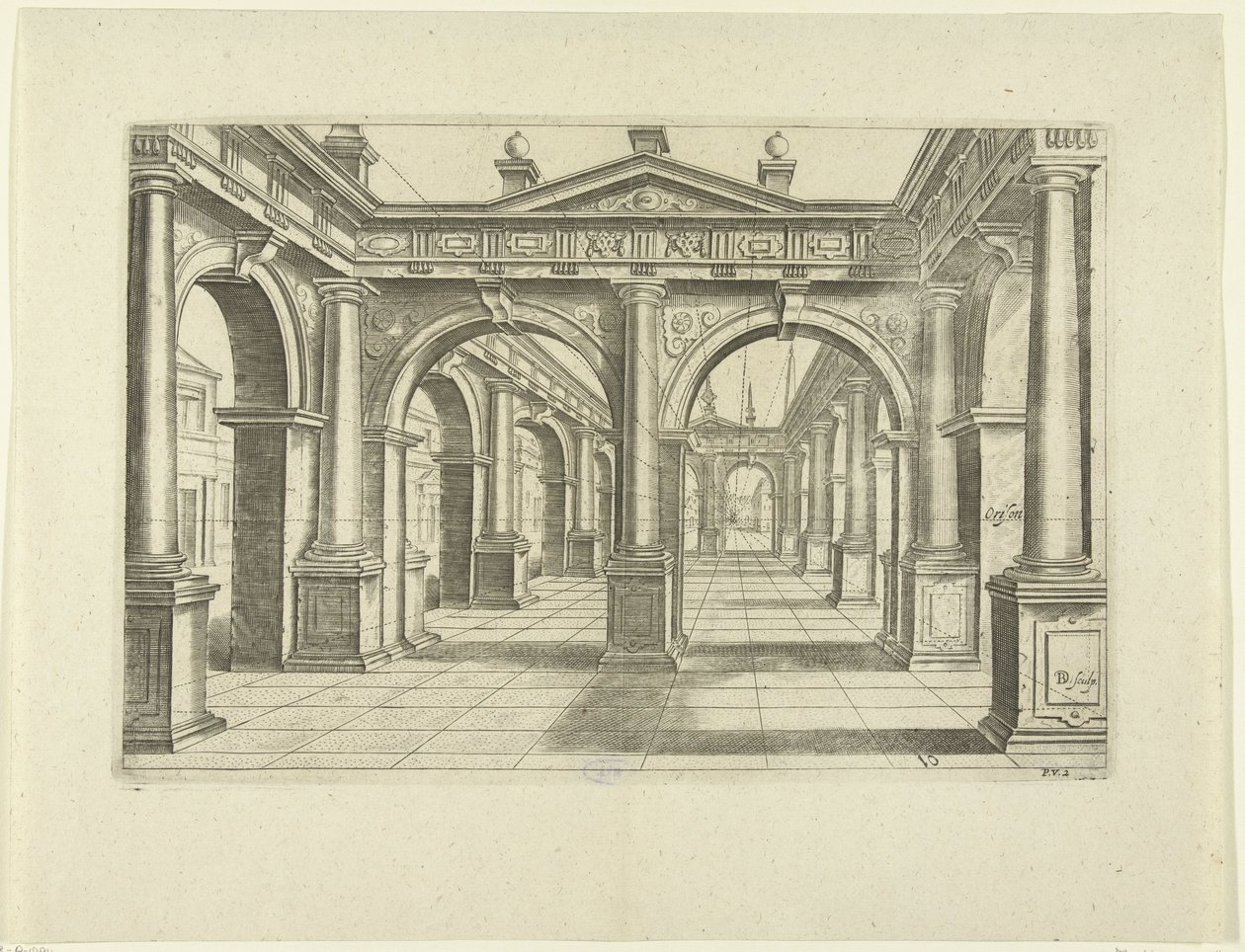 Gebouw met dubbele boog in het midden in Dorische stijl door Bartholomeus Willemsz. Dolendo