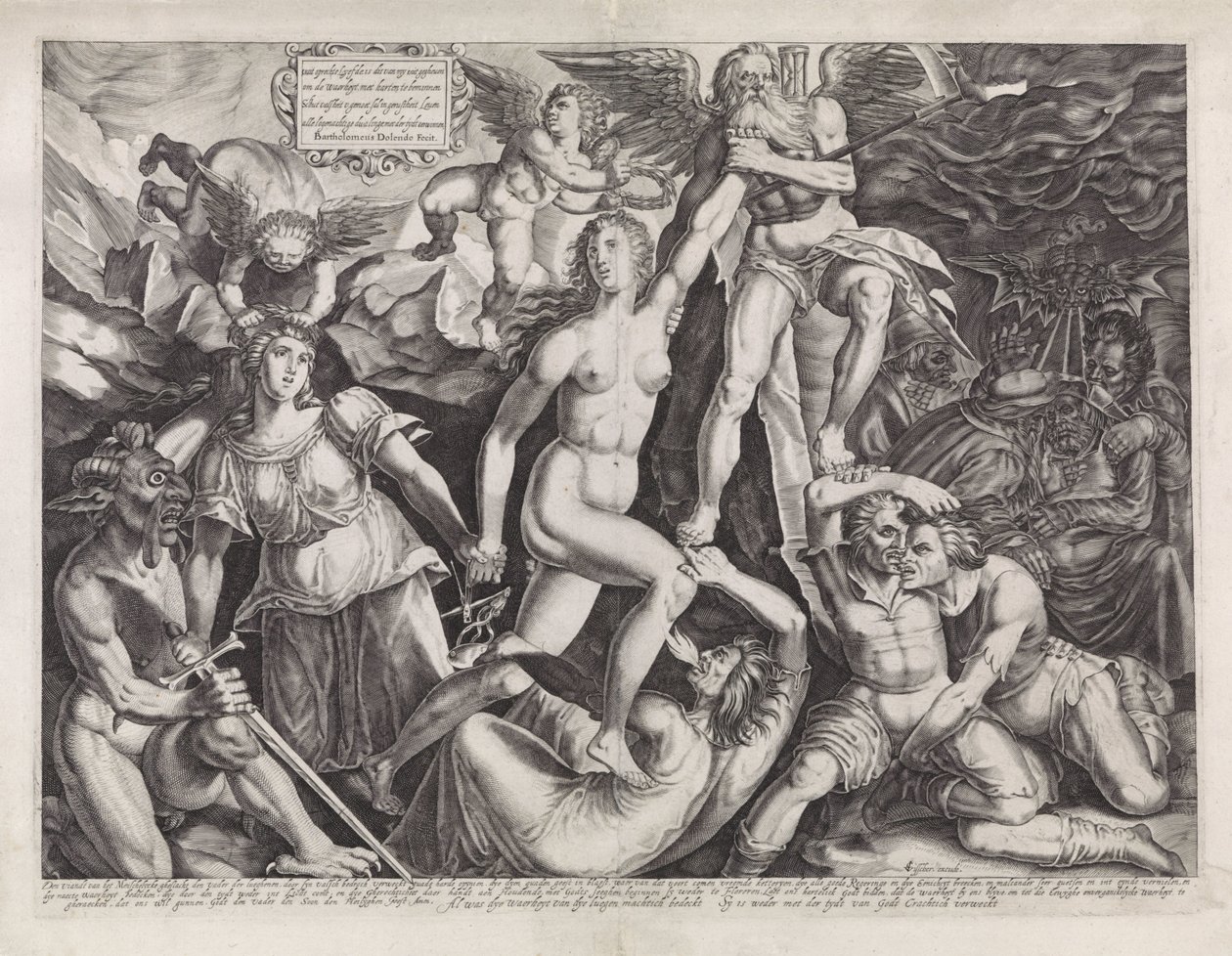 Tijd brengt de Waarheid aan het licht met behulp van Rechtvaardigheid door Bartholomeus Willemsz. Dolendo