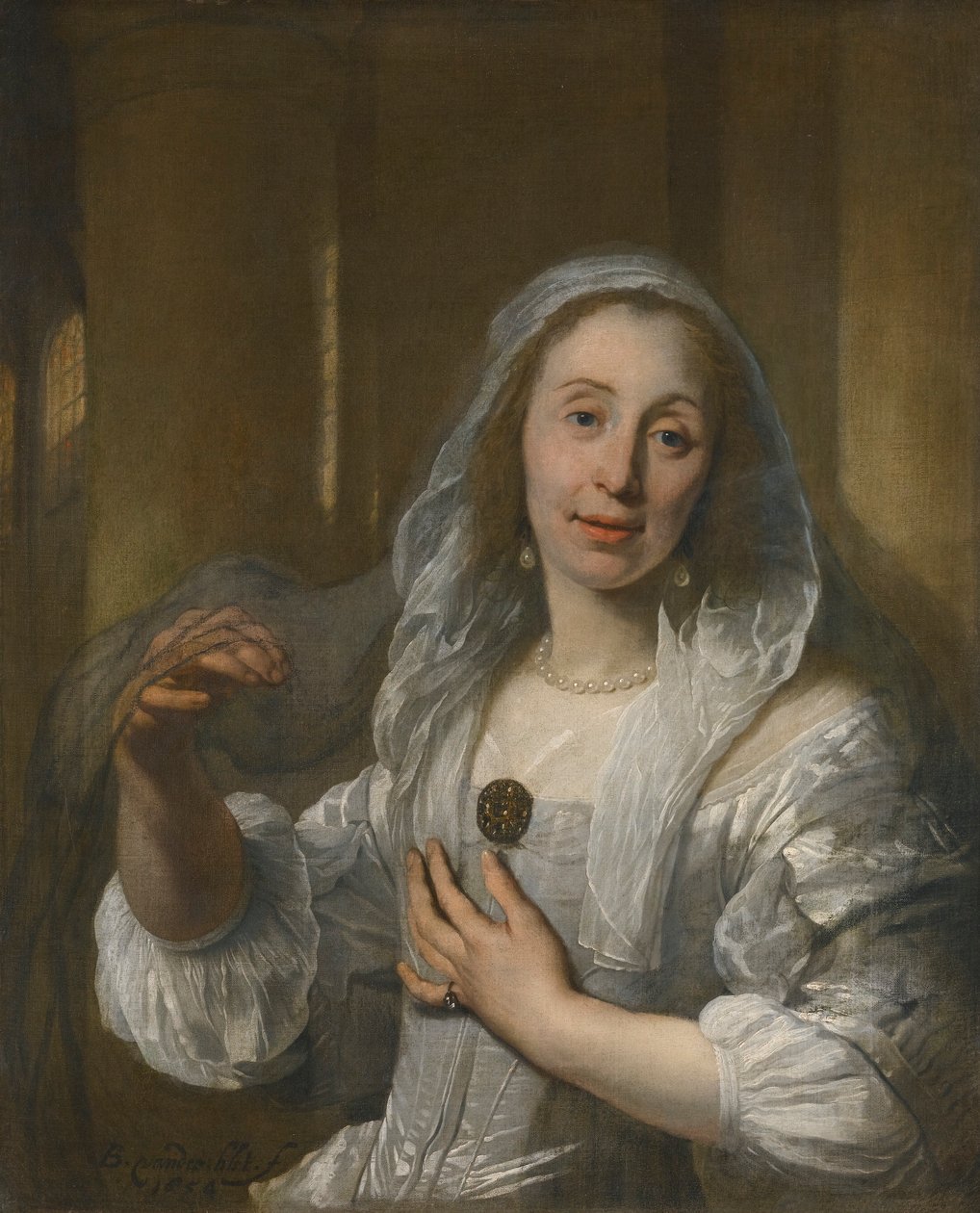 Portret van een vrouw in wit door Bartholomeus van der Helst