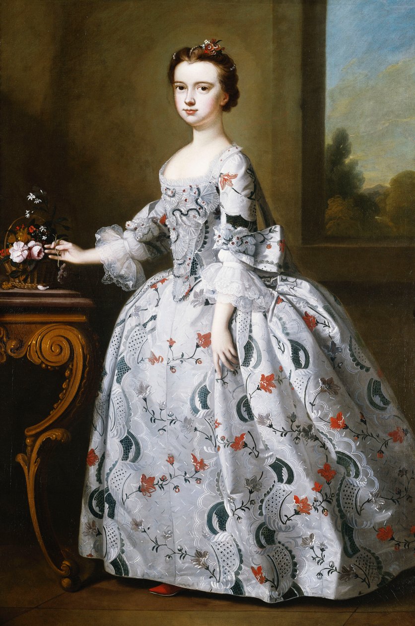 Portret van een Meisje, Volledig, in een Grijze Satijnen Jurk met Uitgebreide Bloemenborduursels, Naast een Mand met Bloemen op een Tafel, een Bosrijk Landschap Daarachter door Bartholomew Dandrige