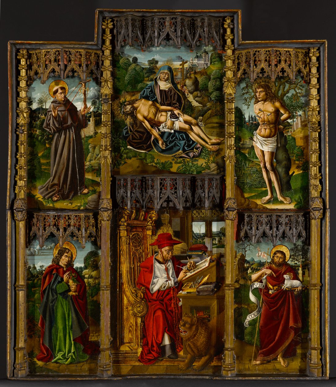 Draagbaar altaarstuk: Pietà, heiligen Franciscus, Sebastiaan, Johannes de Evangelist, Hiëronymus en Johannes de Doper, ca. 1500 door Bartolomé Bermejo