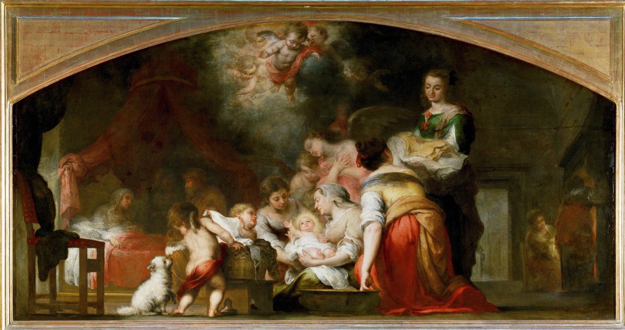 De geboorte van Maria ... door Bartolome Esteban (school of) Murillo