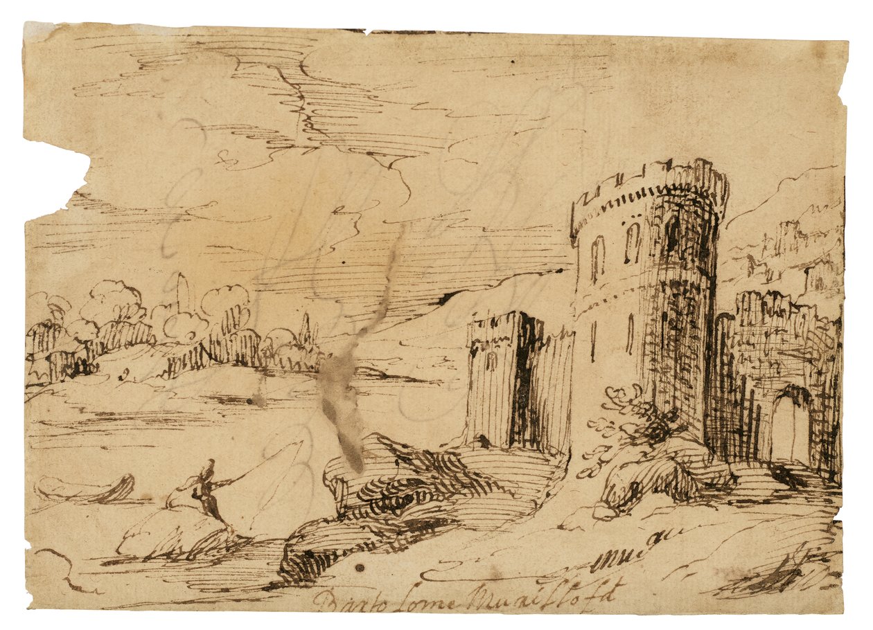 Een rivierlandschap met een visser bij een kasteel door Bartolomé Esteban Murillo