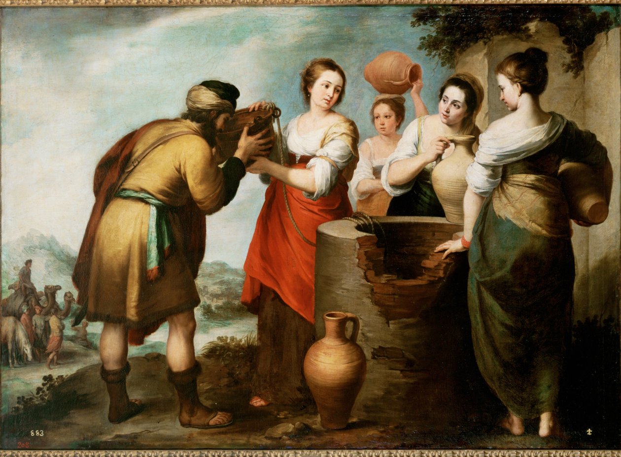 Rebekka en Eliezer (schilderij op doek) door Bartolome Esteban Murillo