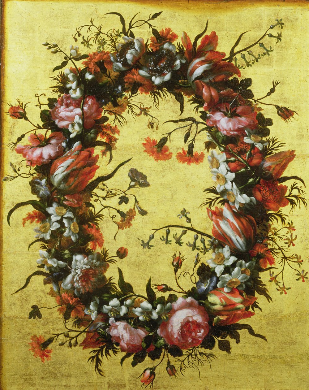 Guirlande van bloemen op een vergulde achtergrond door Bartolomeo Perez