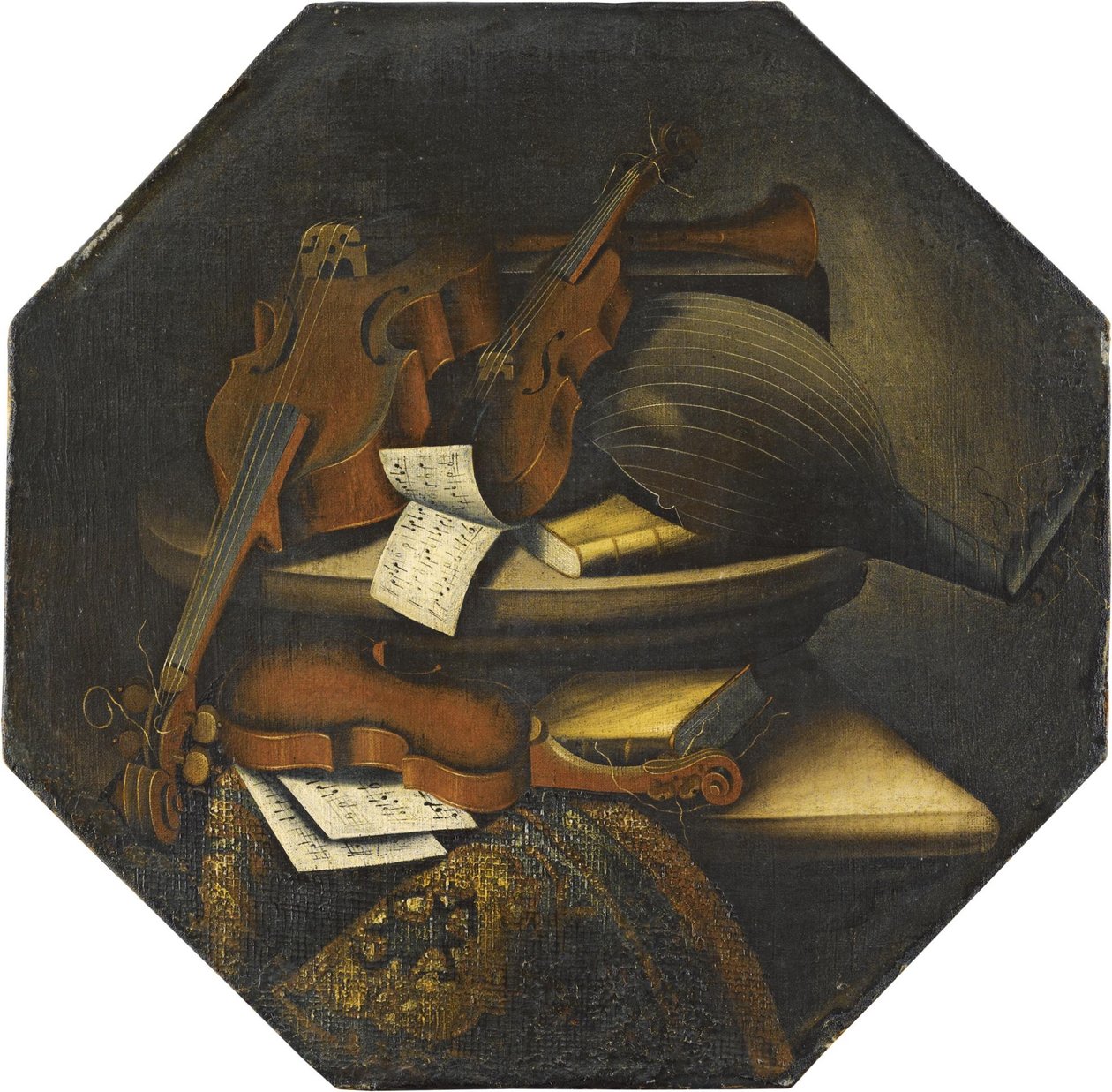 Een stilleven met een luit, een violoncello, een viool en muziekpartituren boven een stenen richel naast een tapijt door Bartolomeo Bettera