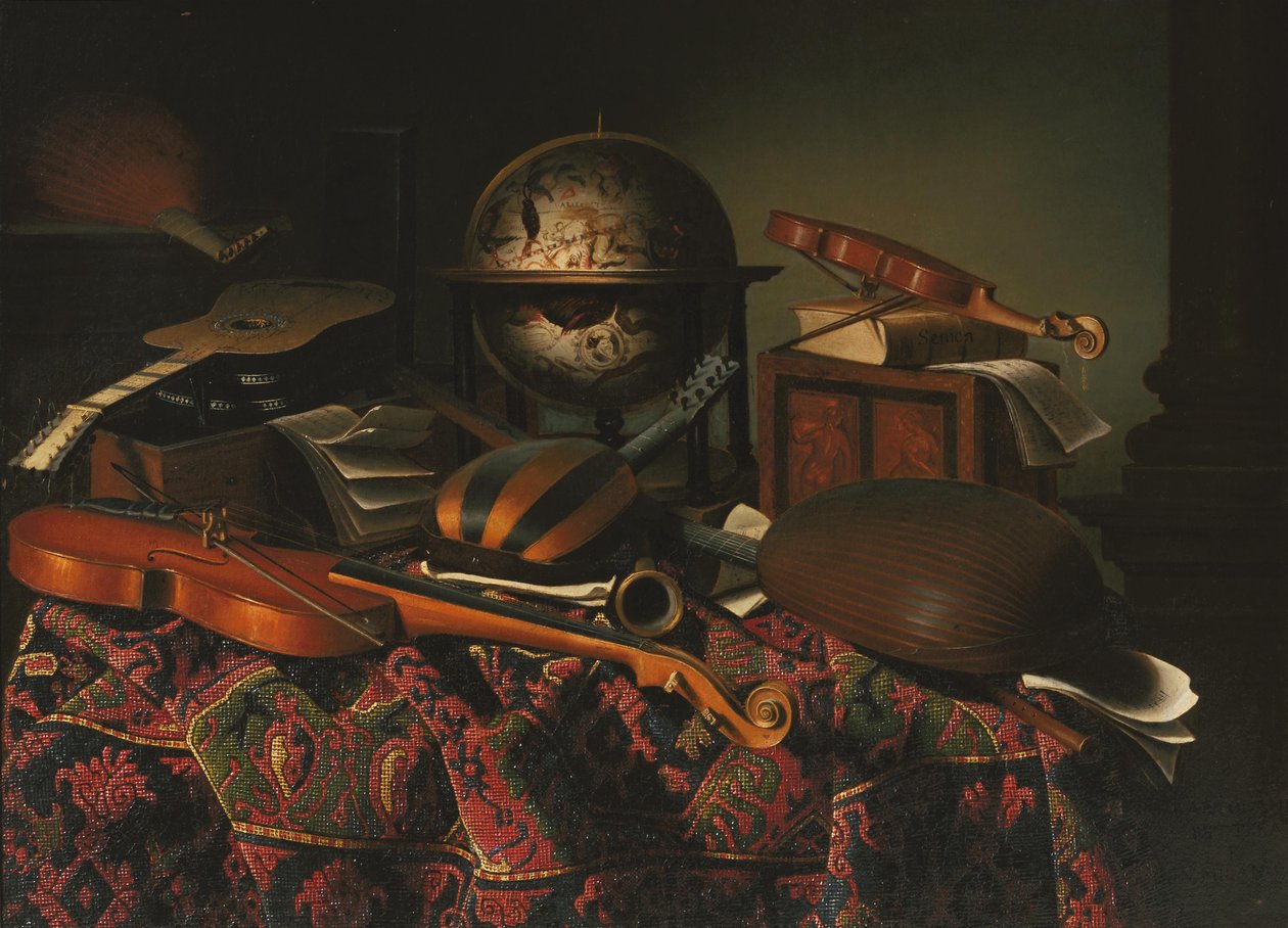 Stilleven met muziekinstrumenten door Bartolomeo Bettera