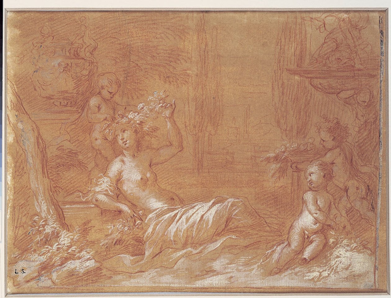 Liggende nimf in een tuin met fontein, vaas en drie cupido