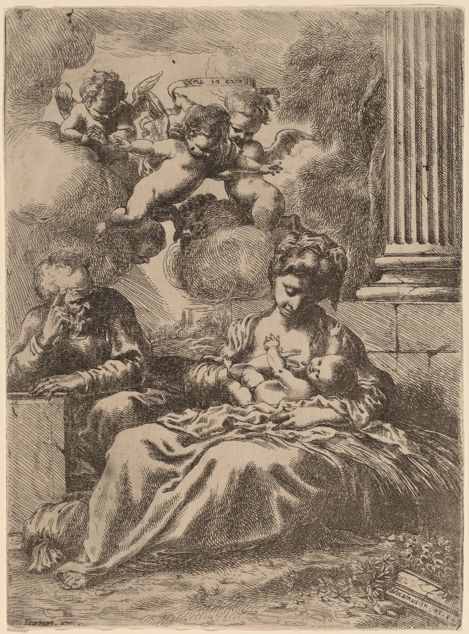 De Heilige Familie bij een zuil door Bartolomeo Biscaino