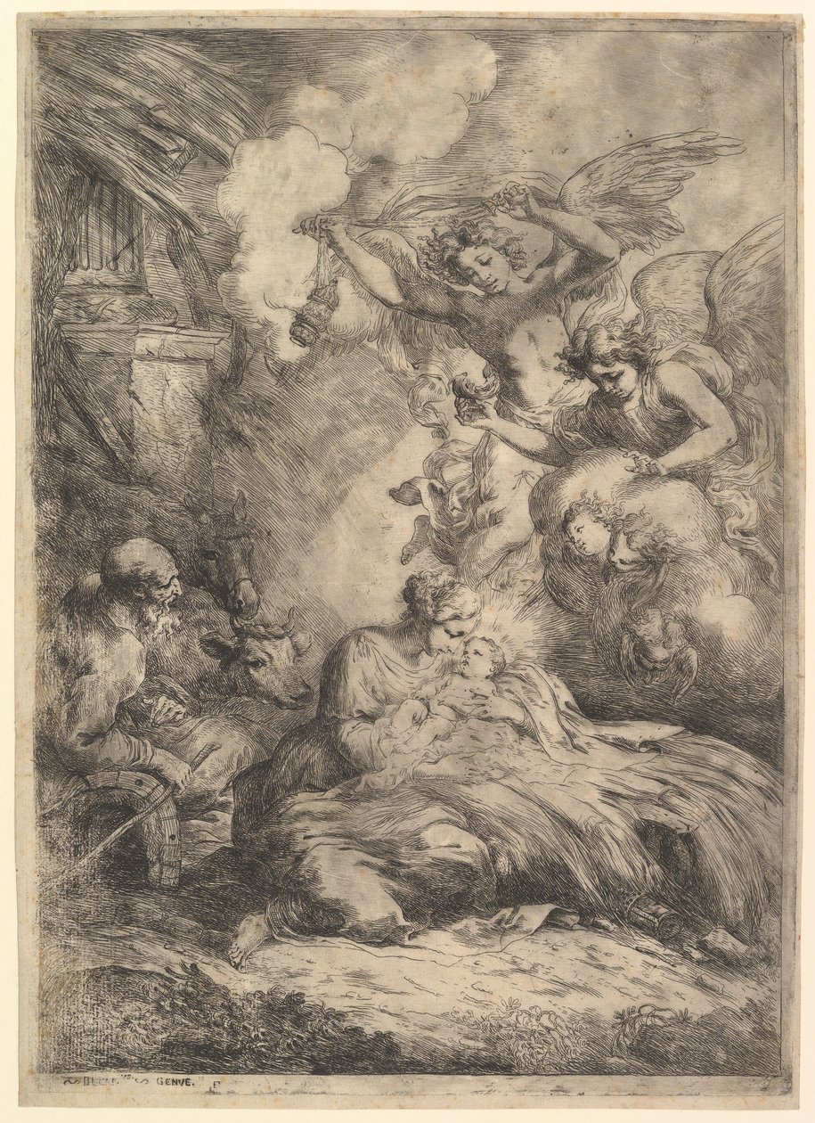 De geboorte van Jezus met engelen, 1650-57 door Bartolomeo Biscaino