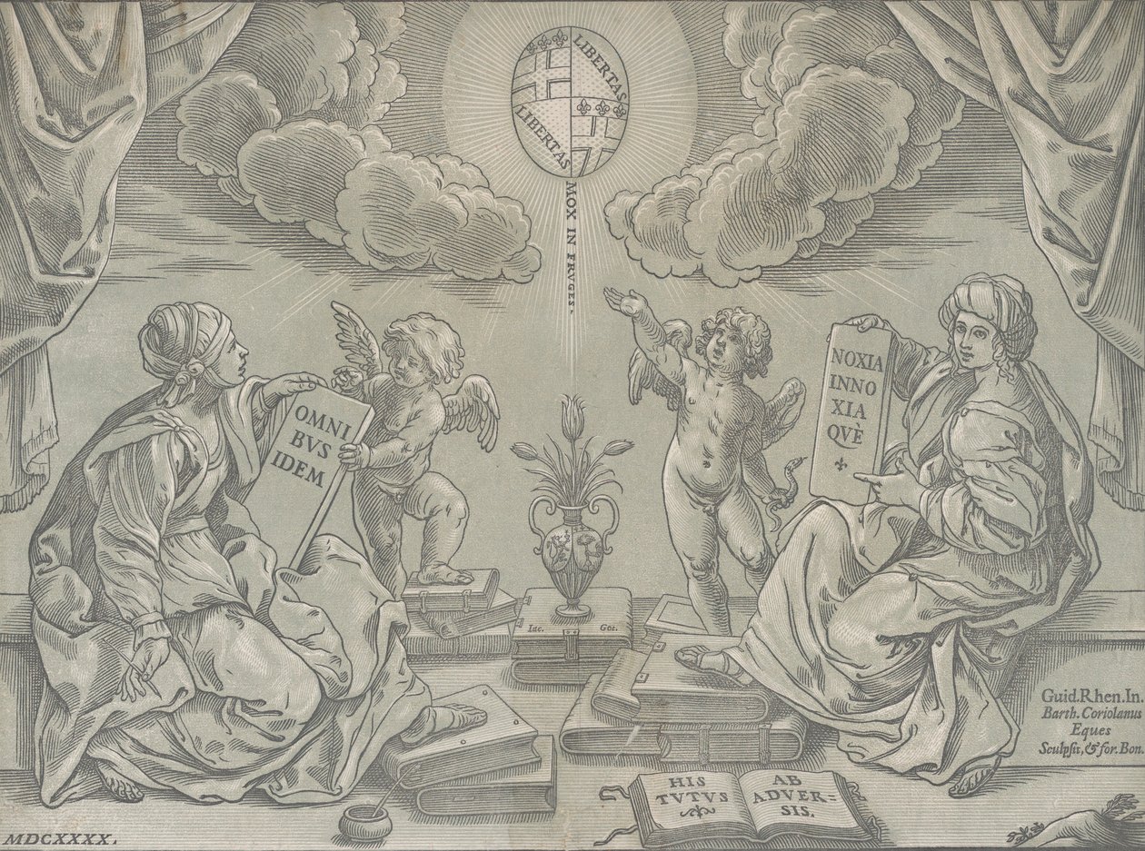 Allegorie van een Stelling, twee vrouwen houden beschreven tabletten, 1640 door Bartolomeo Coriolano