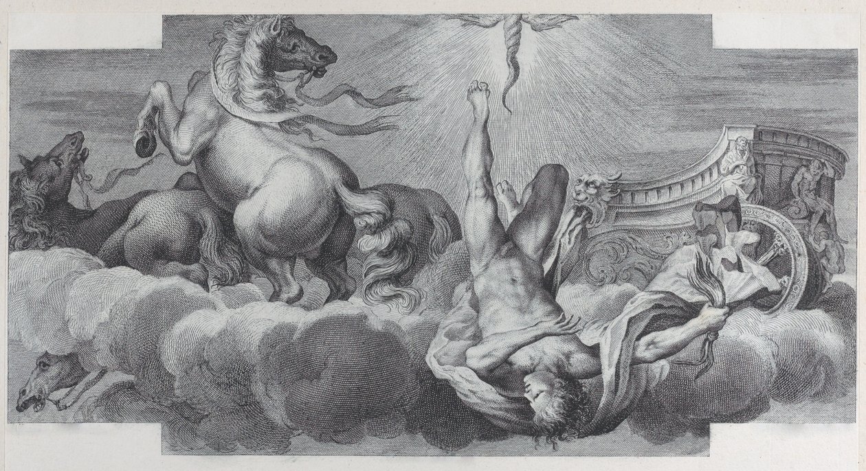 Plaat 34: Auriga, de wagenmenner, valt uit de wagen in het midden, met drie paarden, 1756 door Bartolomeo Crivellari, Gabriel Söderling