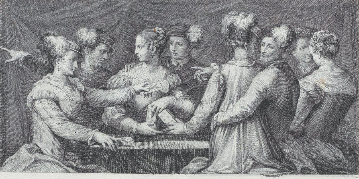 Een groep elegant geklede mensen die kaarten spelen door Bartolomeo Crivellari