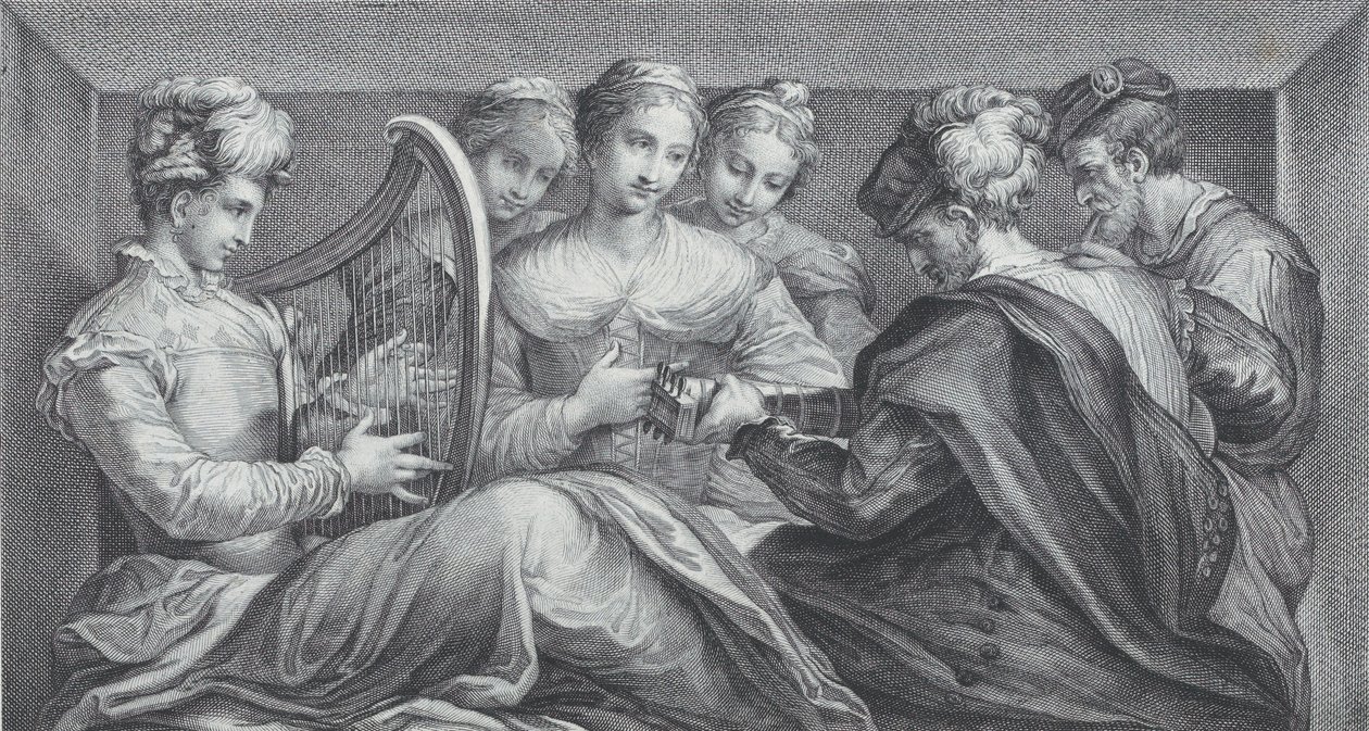 Een groep elegant geklede mensen die harp en gitaar spelen, 1740-68 door Bartolomeo Crivellari