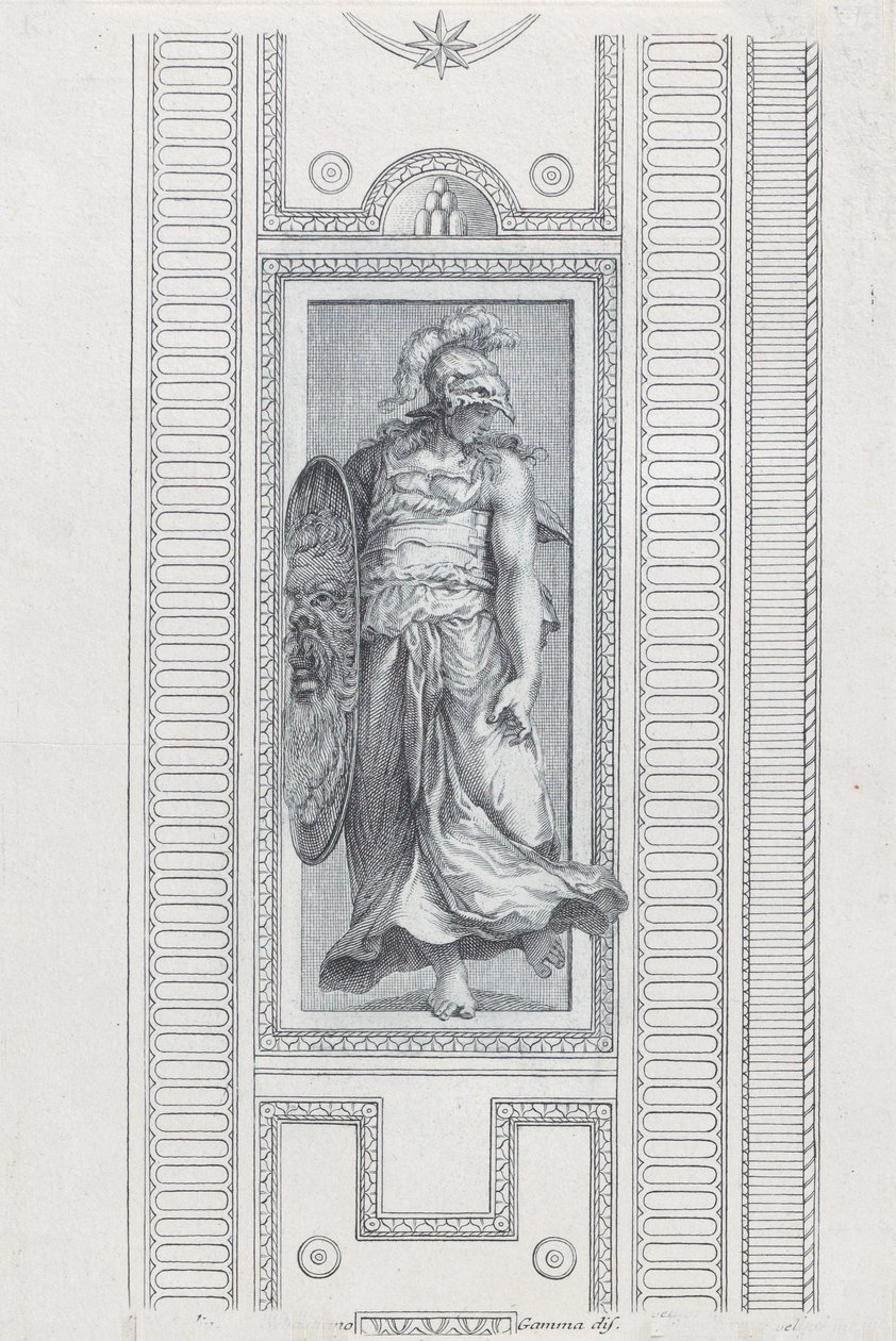 Plaat 15: mythologisch figuur met helm en schild door Bartolomeo Crivellari