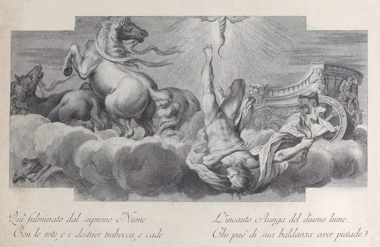 Plaat 34: Auriga, de wagenmenner, valt uit de wagen in het midden, met drie paarden aan l..., 1756 door Bartolomeo Crivellari
