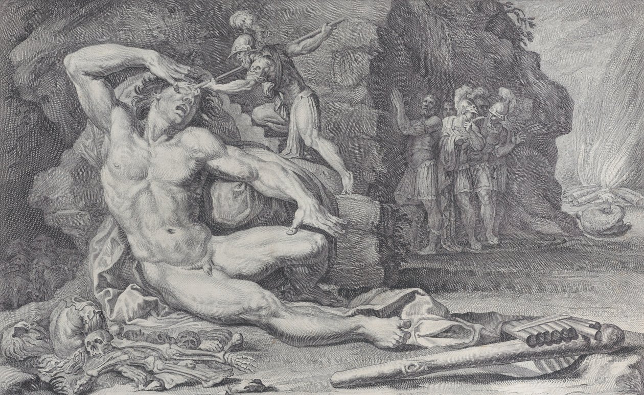 Ulysses steekt een brandende staak in het oog van Polyphemus door Bartolomeo Crivellari