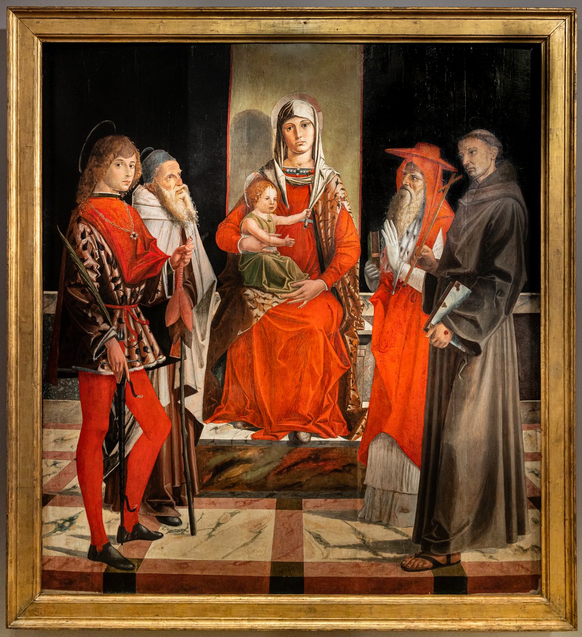 Enthroned Madonna met kind Jezus tussen Heiligen Ansanus, Antonius de Grote, Hiëronymus en Franciscus door Bartolomeo Montagna
