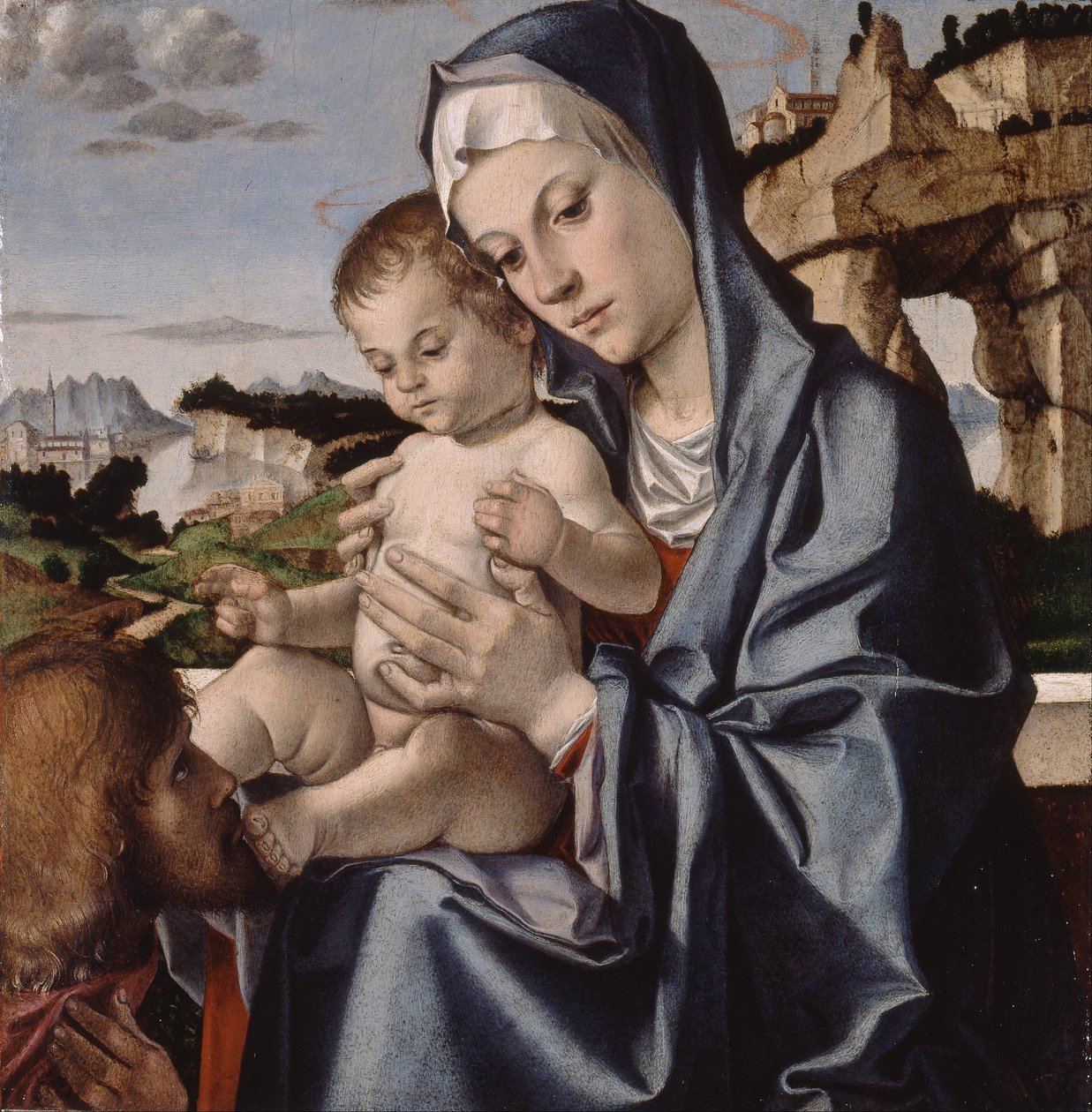 De Maagd en kind met een heilige door Bartolomeo Montagna