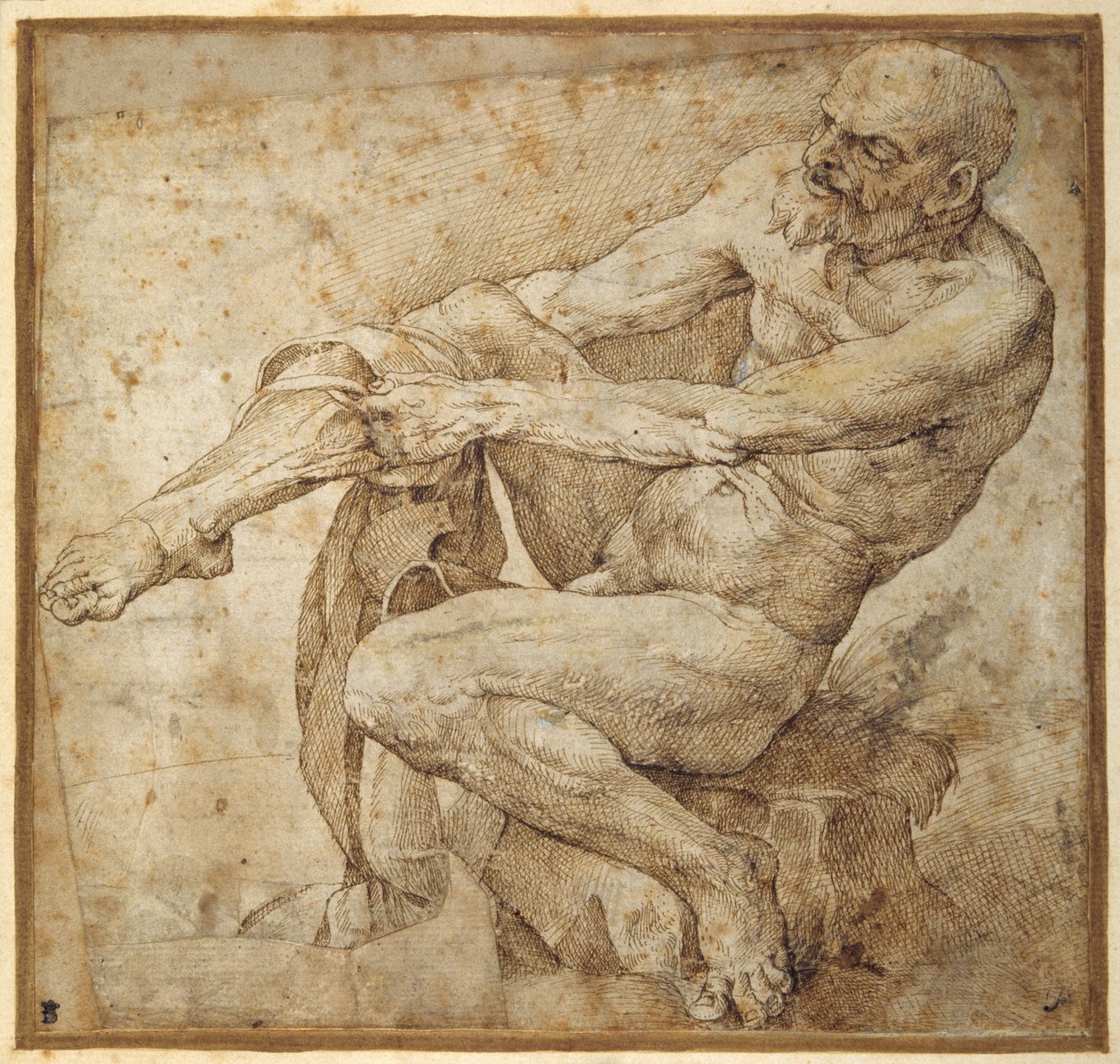 Naakte man die aan zijn kous trekt, naar Marcantonio Raimondi en Michelangelo Buonarroti door Bartolomeo Passarotti
