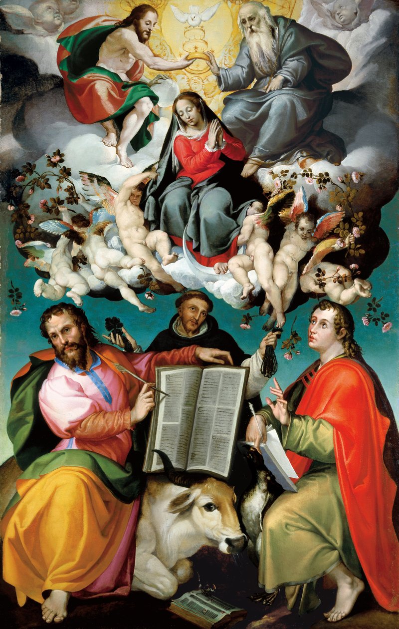 De kroning van de Maagd met de heiligen Lucas, Dominicus en Johannes de Evangelist door Bartolomeo Passarotti