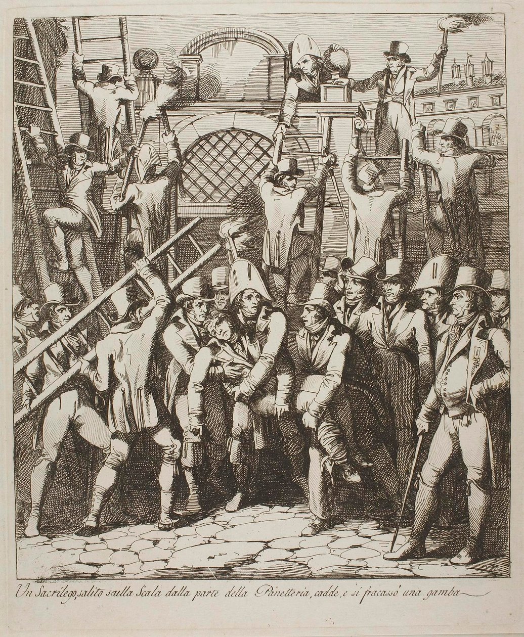 Een godslasteraar breekt zijn been terwijl hij over de muren naar het Vaticaan klimt, 6 juli 1809 door Bartolomeo Pinelli