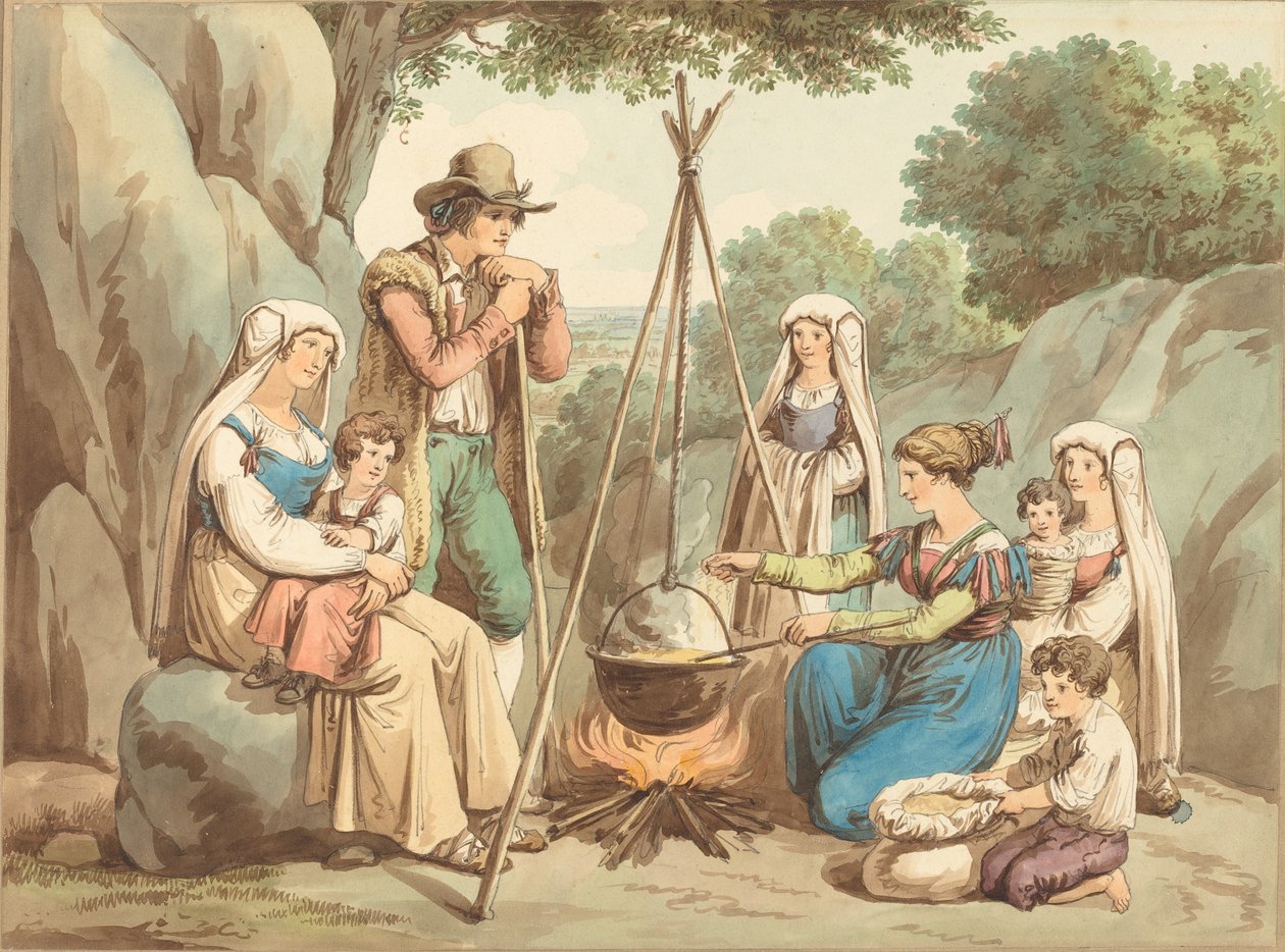Een Boerenfamilie Kookt boven een Kampvuur door Bartolomeo Pinelli