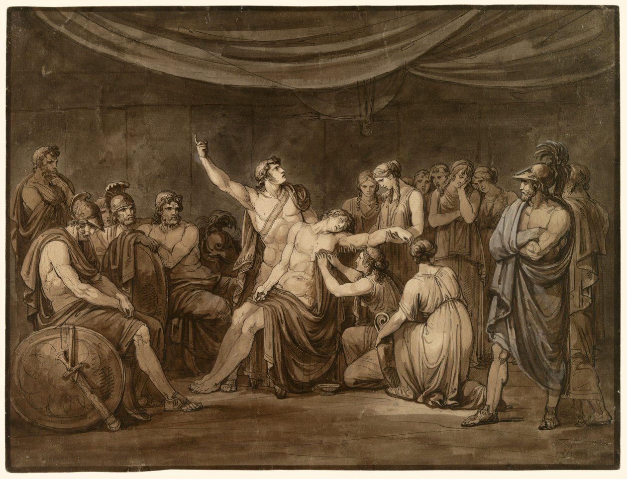 Achilles zweert de dode Patroclus, gedood door Hektor, te wreken door Bartolomeo Pinelli