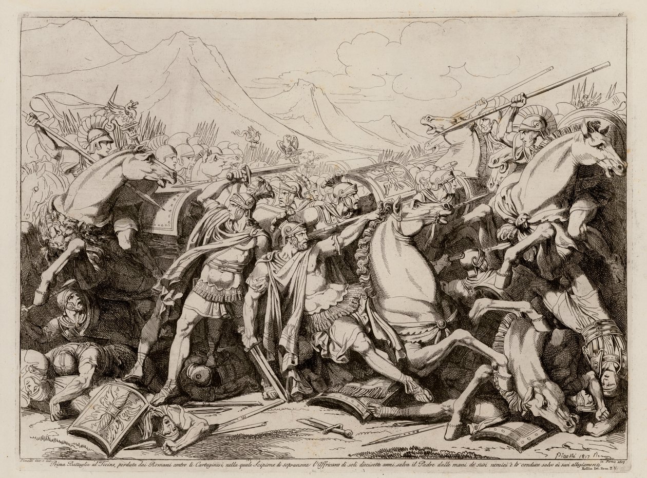 Slag bij Ticinus, 218 voor Christus (ets) door Bartolomeo Pinelli