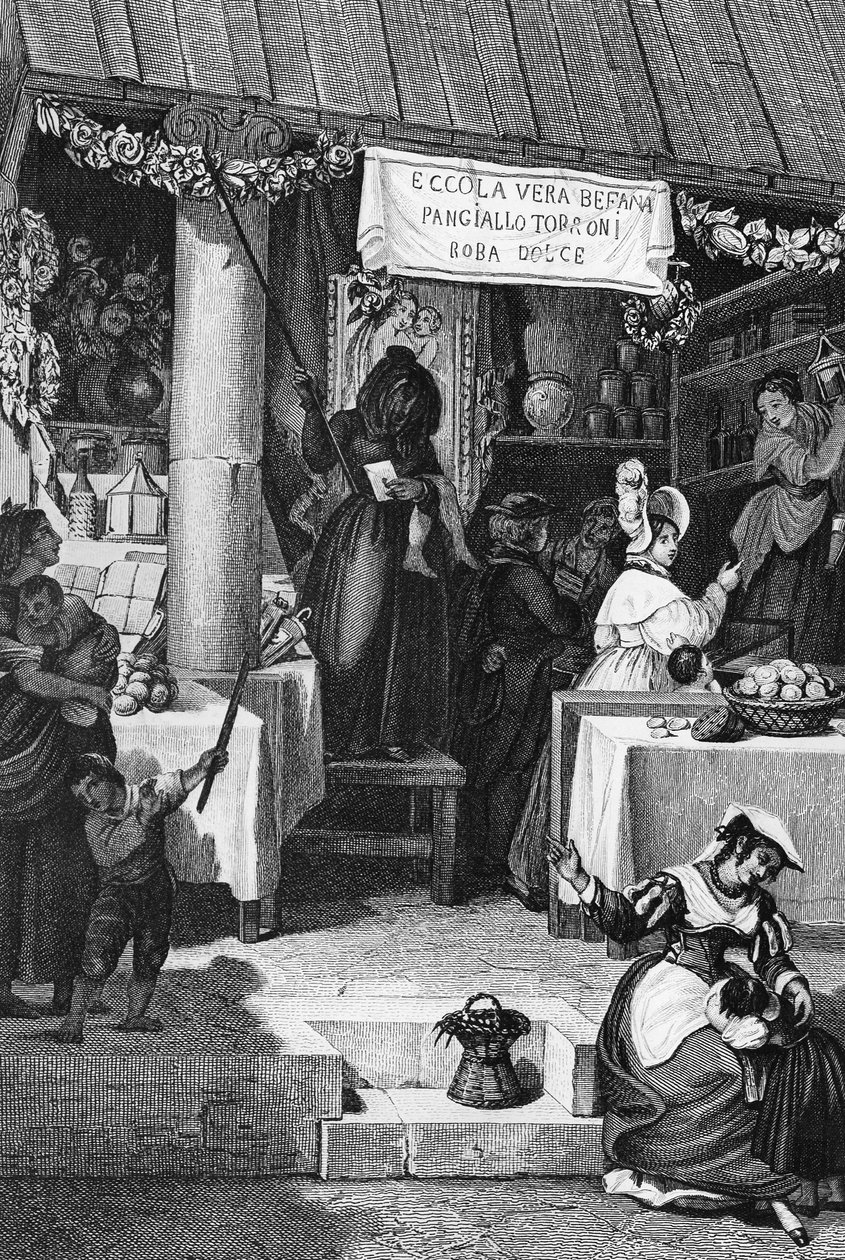 Befana (Italiaanse kerstheks), kraam met snoep en nougat op Piazza Navona tijdens Driekoningen, Rome, gravure door Bartolomeo Pinelli door Bartolomeo Pinelli