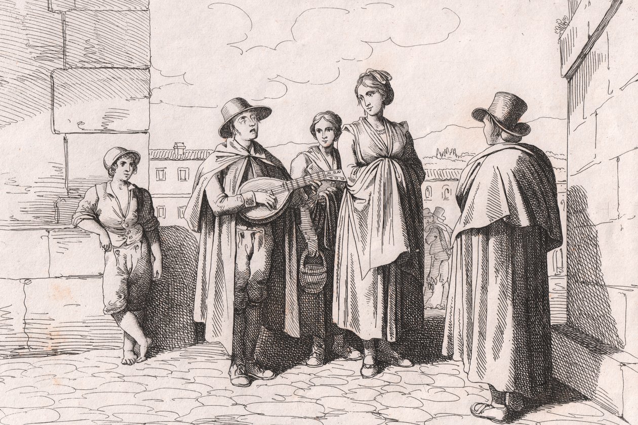 Blinde man die zingt en speelt, ets door Bartolomeo Pinelli