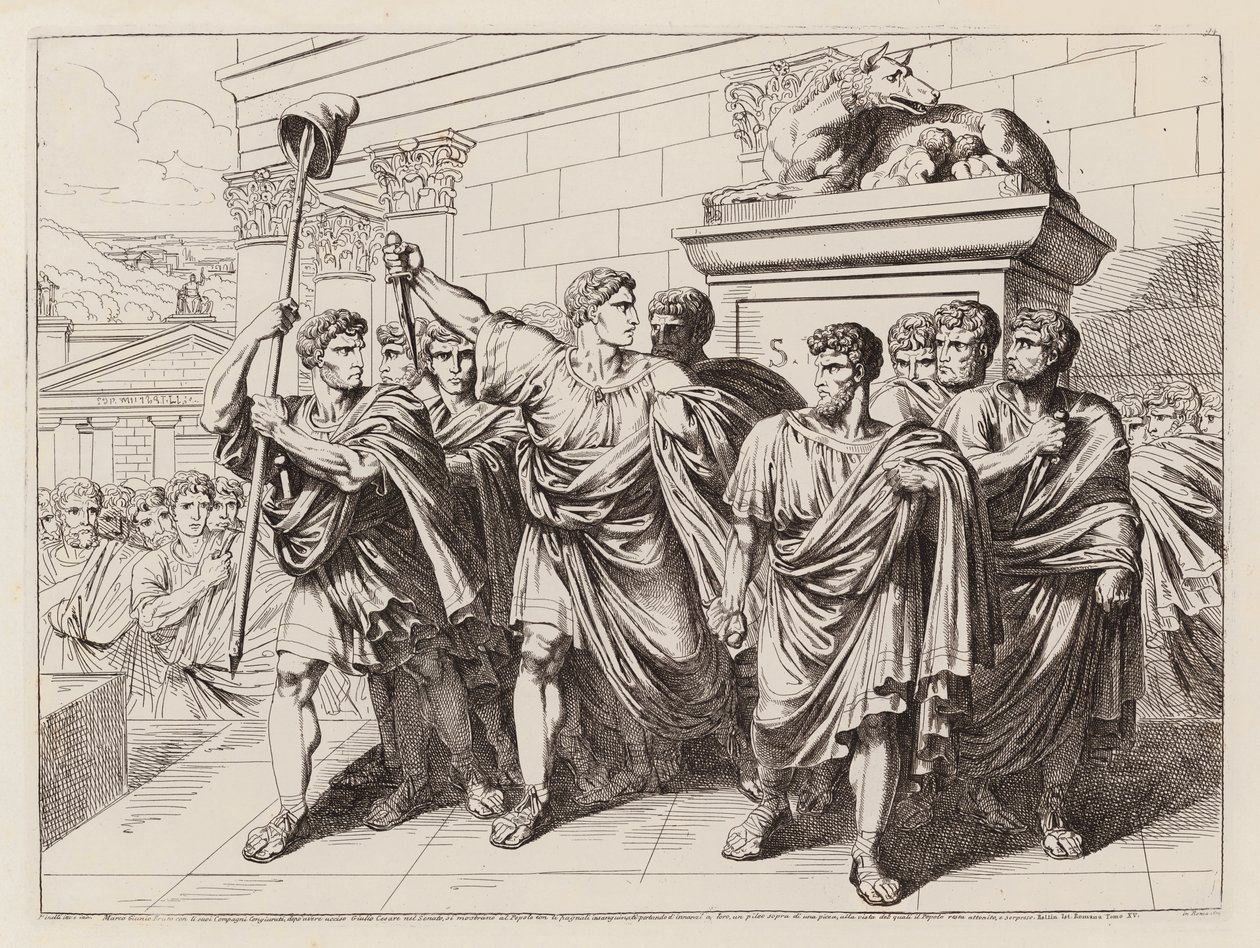 Brutus en zijn mede-samenzweerders verlaten de Senaat na het doden van Julius Caesar, 44 v.Chr. (ets) door Bartolomeo Pinelli